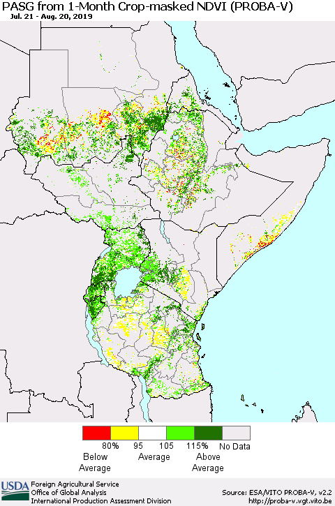 Eastern Africa PASG from 1-Month Crop-masked NDVI (PROBA-V) Thematic Map For 8/11/2019 - 8/20/2019