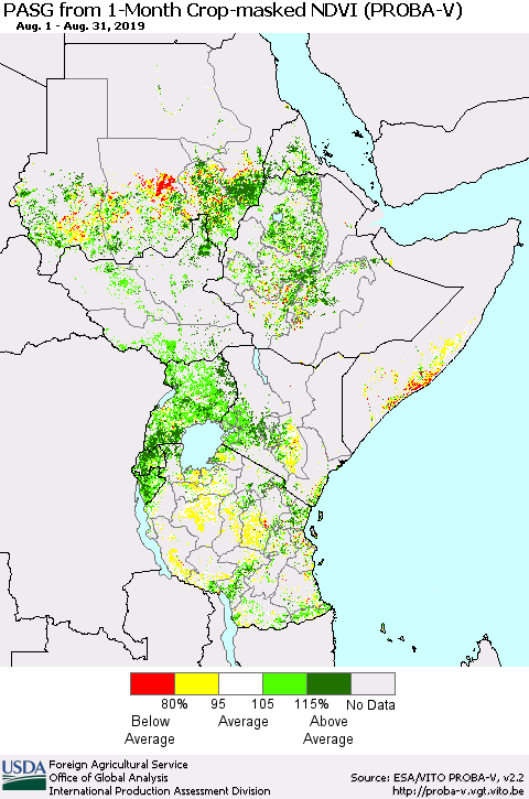 Eastern Africa PASG from 1-Month Crop-masked NDVI (PROBA-V) Thematic Map For 8/21/2019 - 8/31/2019