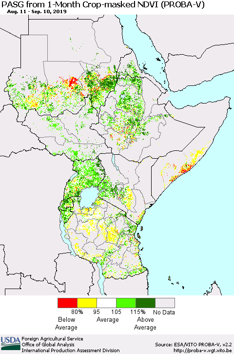 Eastern Africa PASG from 1-Month Crop-masked NDVI (PROBA-V) Thematic Map For 9/1/2019 - 9/10/2019