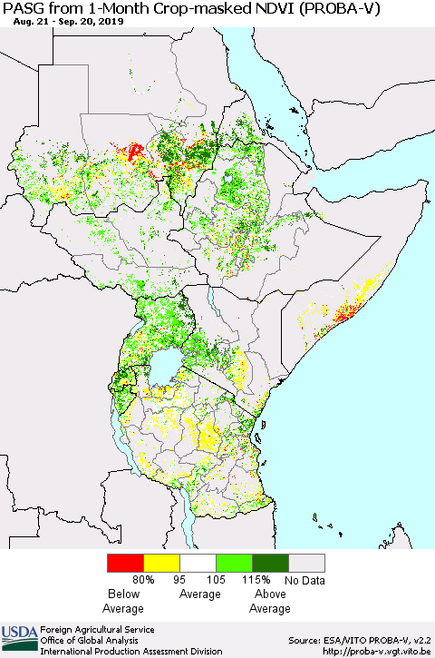 Eastern Africa PASG from 1-Month Crop-masked NDVI (PROBA-V) Thematic Map For 9/11/2019 - 9/20/2019