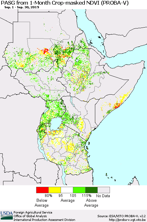 Eastern Africa PASG from 1-Month Crop-masked NDVI (PROBA-V) Thematic Map For 9/21/2019 - 9/30/2019