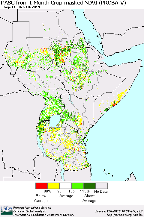 Eastern Africa PASG from 1-Month Crop-masked NDVI (PROBA-V) Thematic Map For 10/1/2019 - 10/10/2019