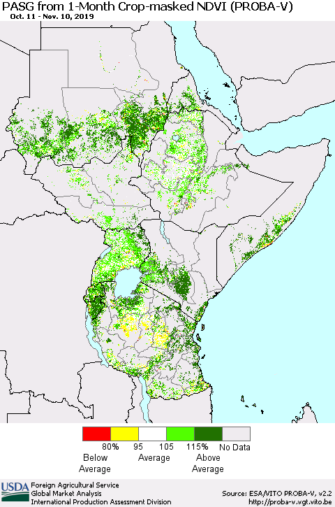 Eastern Africa PASG from 1-Month Crop-masked NDVI (PROBA-V) Thematic Map For 11/1/2019 - 11/10/2019