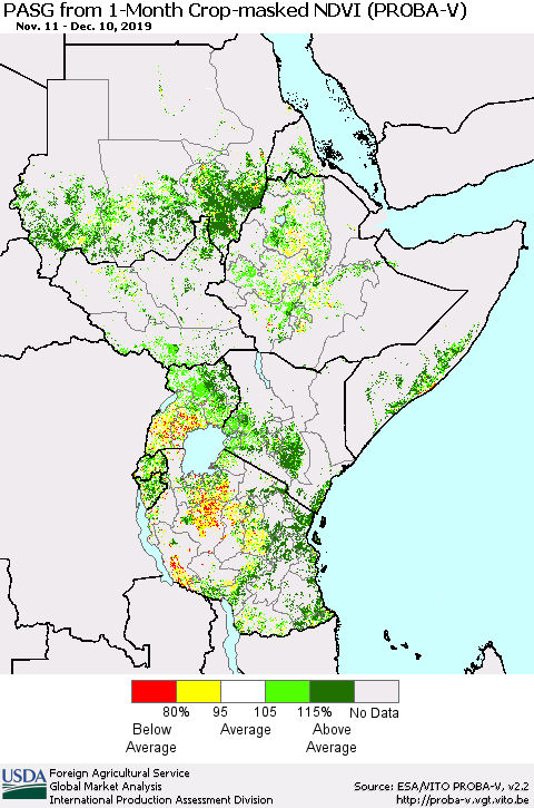 Eastern Africa PASG from 1-Month Crop-masked NDVI (PROBA-V) Thematic Map For 12/1/2019 - 12/10/2019