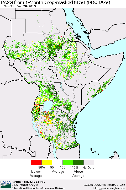 Eastern Africa PASG from 1-Month Crop-masked NDVI (PROBA-V) Thematic Map For 12/11/2019 - 12/20/2019