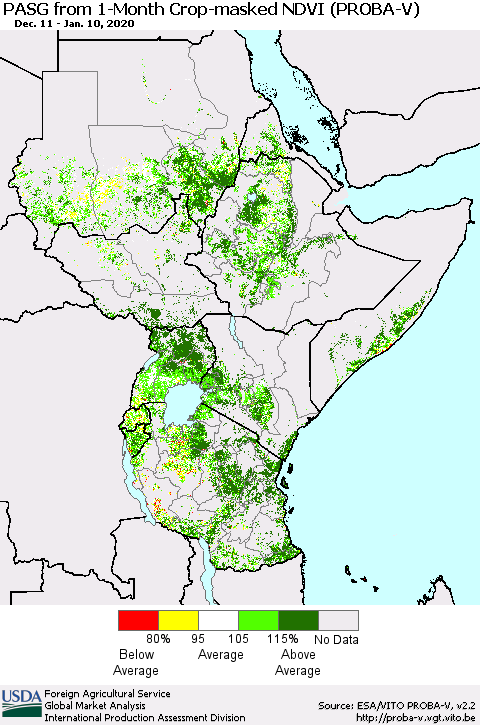 Eastern Africa PASG from 1-Month Crop-masked NDVI (PROBA-V) Thematic Map For 1/1/2020 - 1/10/2020