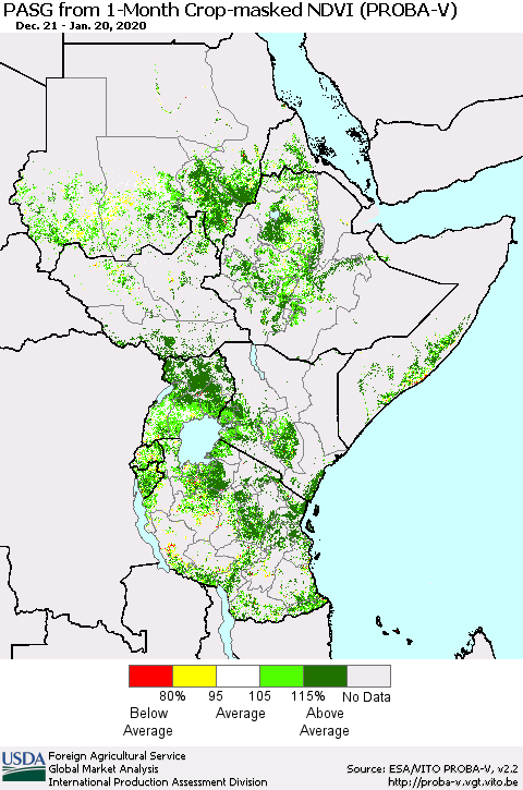 Eastern Africa PASG from 1-Month Crop-masked NDVI (PROBA-V) Thematic Map For 1/11/2020 - 1/20/2020