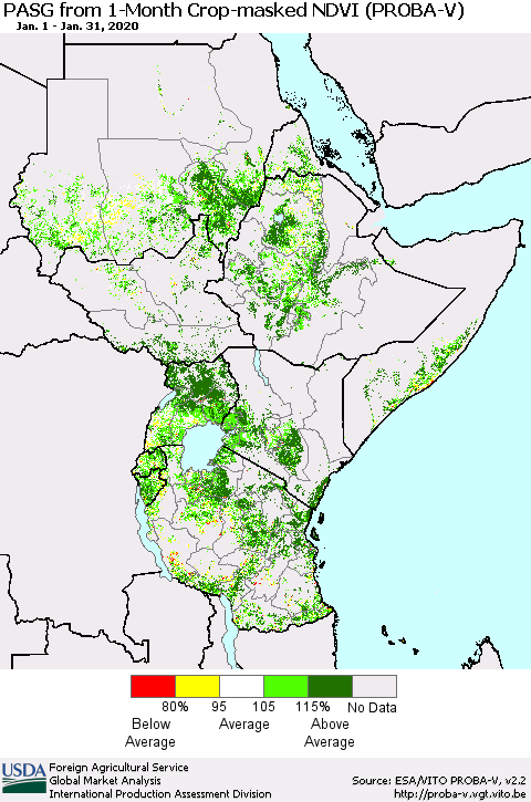 Eastern Africa PASG from 1-Month Crop-masked NDVI (PROBA-V) Thematic Map For 1/21/2020 - 1/31/2020