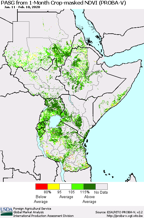 Eastern Africa PASG from 1-Month Crop-masked NDVI (PROBA-V) Thematic Map For 2/1/2020 - 2/10/2020