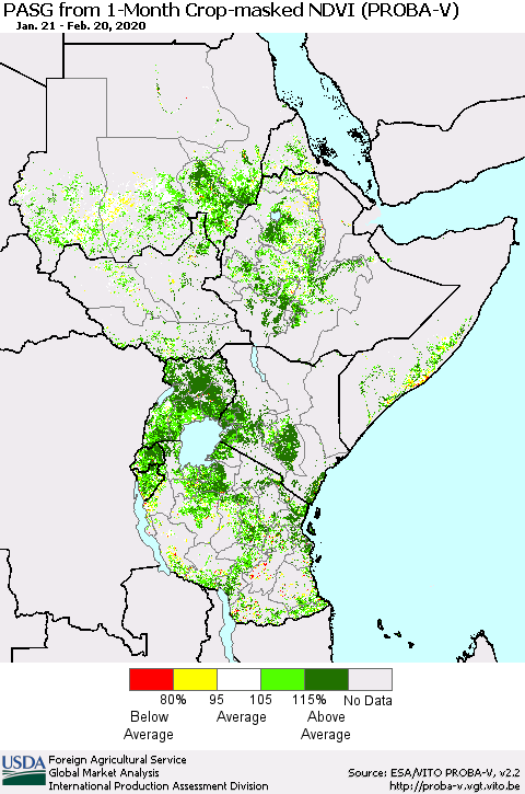 Eastern Africa PASG from 1-Month Crop-masked NDVI (PROBA-V) Thematic Map For 2/11/2020 - 2/20/2020