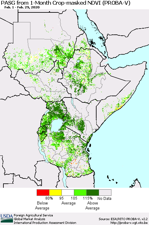 Eastern Africa PASG from 1-Month Crop-masked NDVI (PROBA-V) Thematic Map For 2/21/2020 - 2/29/2020