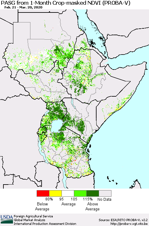 Eastern Africa PASG from 1-Month Crop-masked NDVI (PROBA-V) Thematic Map For 3/11/2020 - 3/20/2020