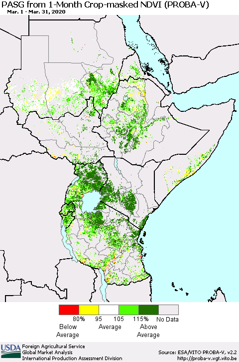 Eastern Africa PASG from 1-Month Crop-masked NDVI (PROBA-V) Thematic Map For 3/21/2020 - 3/31/2020