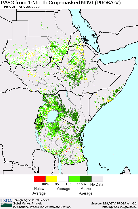 Eastern Africa PASG from 1-Month Crop-masked NDVI (PROBA-V) Thematic Map For 4/11/2020 - 4/20/2020