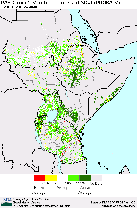 Eastern Africa PASG from 1-Month Crop-masked NDVI (PROBA-V) Thematic Map For 4/21/2020 - 4/30/2020