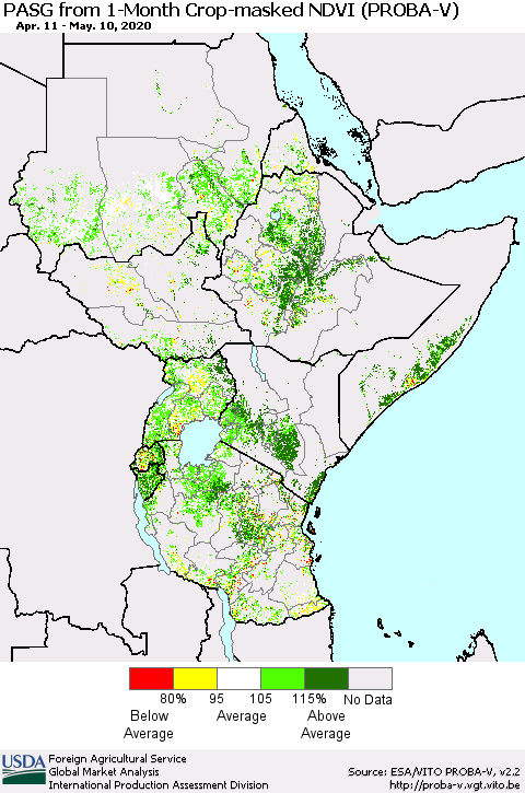 Eastern Africa PASG from 1-Month Crop-masked NDVI (PROBA-V) Thematic Map For 5/1/2020 - 5/10/2020