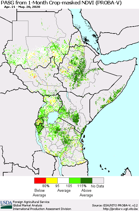 Eastern Africa PASG from 1-Month Crop-masked NDVI (PROBA-V) Thematic Map For 5/11/2020 - 5/20/2020