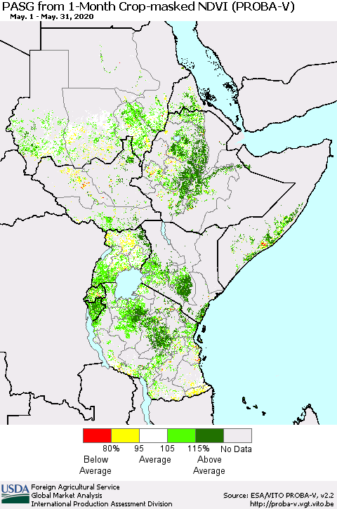 Eastern Africa PASG from 1-Month Crop-masked NDVI (PROBA-V) Thematic Map For 5/21/2020 - 5/31/2020
