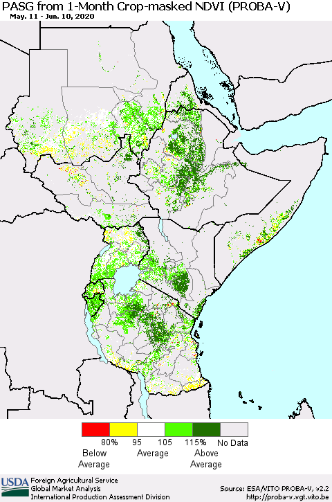 Eastern Africa PASG from 1-Month Crop-masked NDVI (PROBA-V) Thematic Map For 6/1/2020 - 6/10/2020