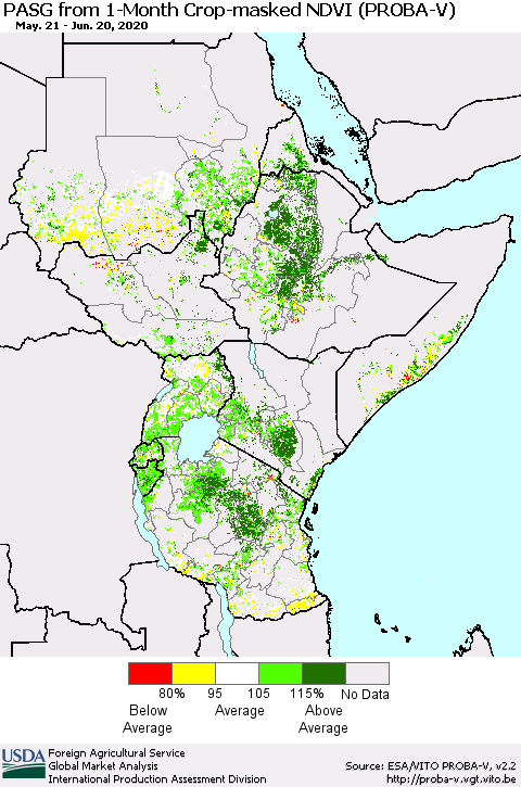 Eastern Africa PASG from 1-Month Crop-masked NDVI (PROBA-V) Thematic Map For 6/11/2020 - 6/20/2020
