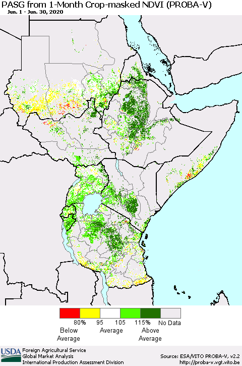 Eastern Africa PASG from 1-Month Crop-masked NDVI (PROBA-V) Thematic Map For 6/21/2020 - 6/30/2020
