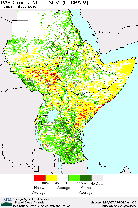 Eastern Africa PASG from 2-Month NDVI (PROBA-V) Thematic Map For 2/21/2019 - 2/28/2019