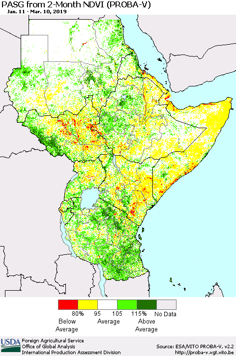 Eastern Africa PASG from 2-Month NDVI (PROBA-V) Thematic Map For 3/1/2019 - 3/10/2019