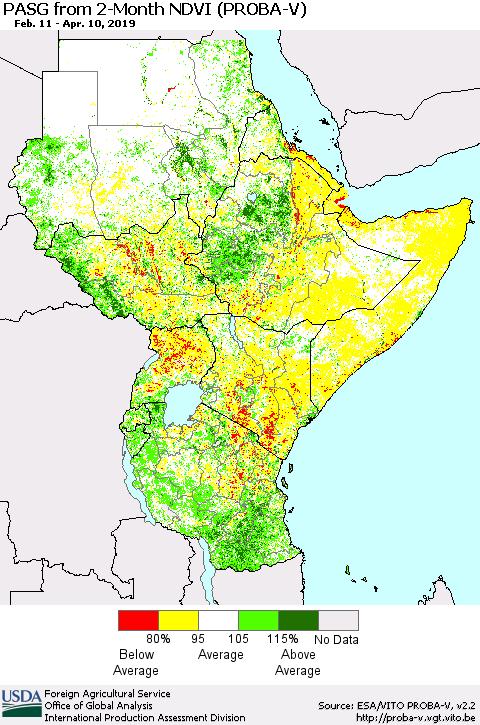Eastern Africa PASG from 2-Month NDVI (PROBA-V) Thematic Map For 4/1/2019 - 4/10/2019
