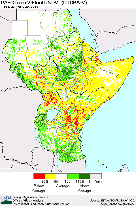 Eastern Africa PASG from 2-Month NDVI (PROBA-V) Thematic Map For 4/11/2019 - 4/20/2019