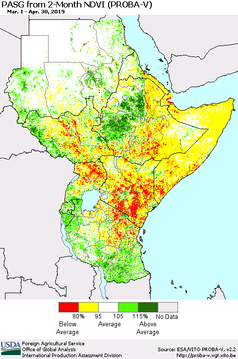 Eastern Africa PASG from 2-Month NDVI (PROBA-V) Thematic Map For 4/21/2019 - 4/30/2019