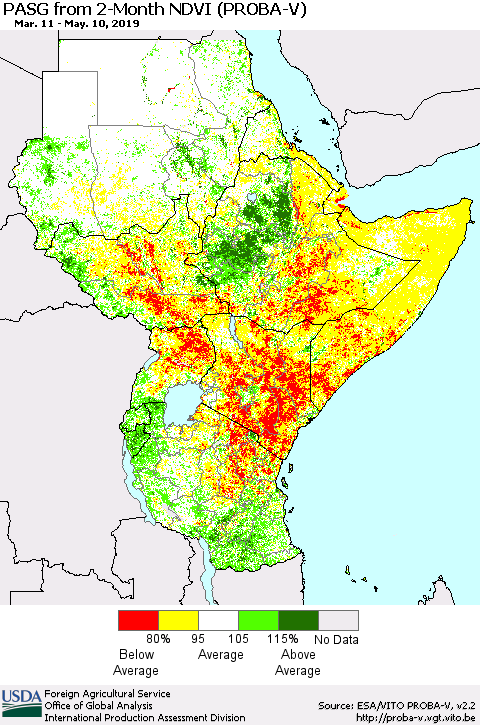 Eastern Africa PASG from 2-Month NDVI (PROBA-V) Thematic Map For 5/1/2019 - 5/10/2019