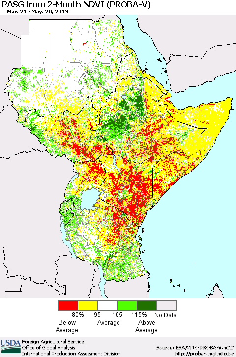 Eastern Africa PASG from 2-Month NDVI (PROBA-V) Thematic Map For 5/11/2019 - 5/20/2019