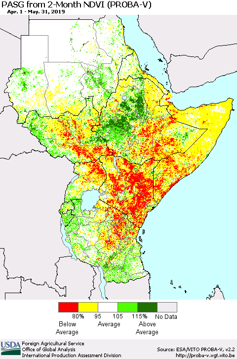Eastern Africa PASG from 2-Month NDVI (PROBA-V) Thematic Map For 5/21/2019 - 5/31/2019