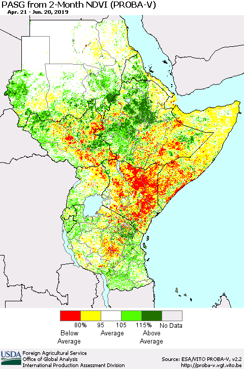 Eastern Africa PASG from 2-Month NDVI (PROBA-V) Thematic Map For 6/11/2019 - 6/20/2019