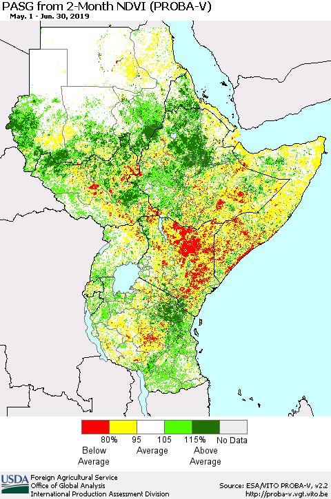 Eastern Africa PASG from 2-Month NDVI (PROBA-V) Thematic Map For 6/21/2019 - 6/30/2019
