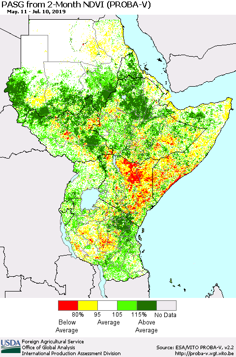 Eastern Africa PASG from 2-Month NDVI (PROBA-V) Thematic Map For 7/1/2019 - 7/10/2019