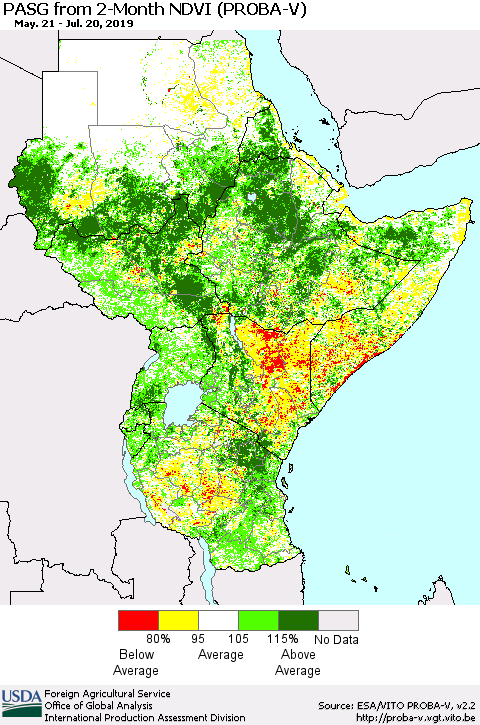 Eastern Africa PASG from 2-Month NDVI (PROBA-V) Thematic Map For 7/11/2019 - 7/20/2019
