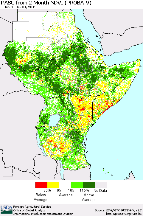 Eastern Africa PASG from 2-Month NDVI (PROBA-V) Thematic Map For 7/21/2019 - 7/31/2019