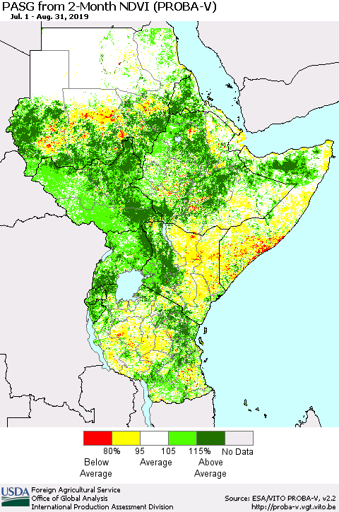 Eastern Africa PASG from 2-Month NDVI (PROBA-V) Thematic Map For 8/21/2019 - 8/31/2019