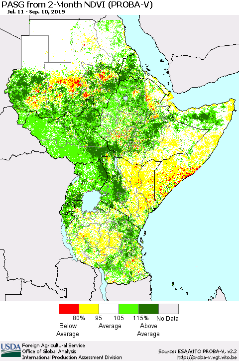 Eastern Africa PASG from 2-Month NDVI (PROBA-V) Thematic Map For 9/1/2019 - 9/10/2019