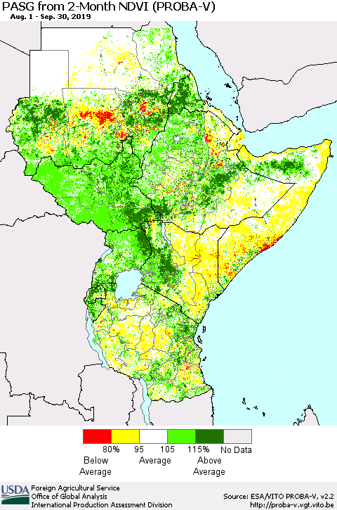 Eastern Africa PASG from 2-Month NDVI (PROBA-V) Thematic Map For 9/21/2019 - 9/30/2019