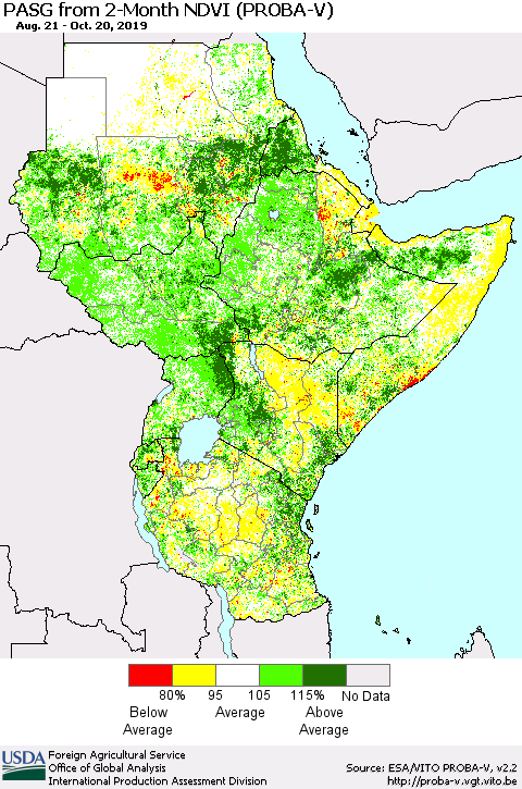 Eastern Africa PASG from 2-Month NDVI (PROBA-V) Thematic Map For 10/11/2019 - 10/20/2019