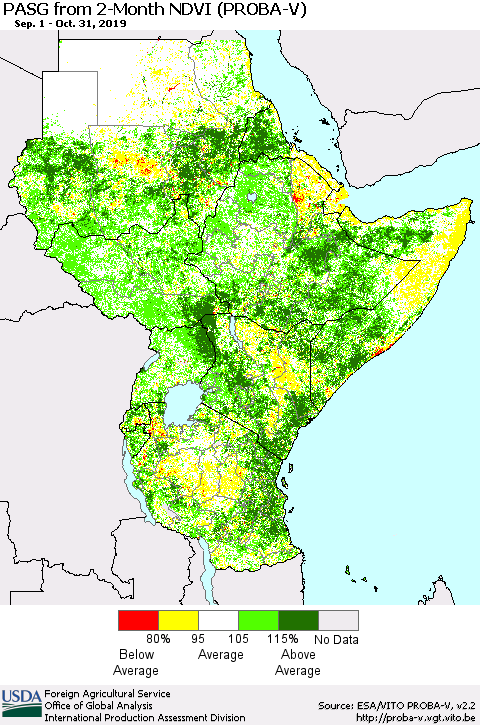 Eastern Africa PASG from 2-Month NDVI (PROBA-V) Thematic Map For 10/21/2019 - 10/31/2019