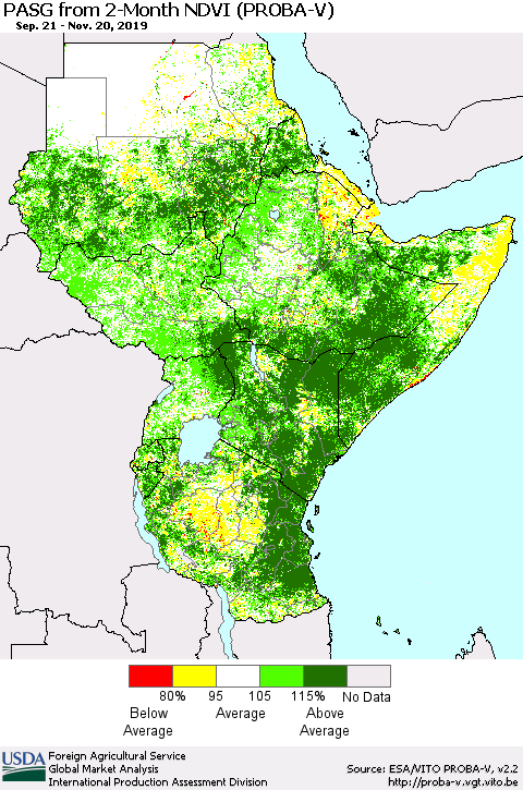 Eastern Africa PASG from 2-Month NDVI (PROBA-V) Thematic Map For 11/11/2019 - 11/20/2019