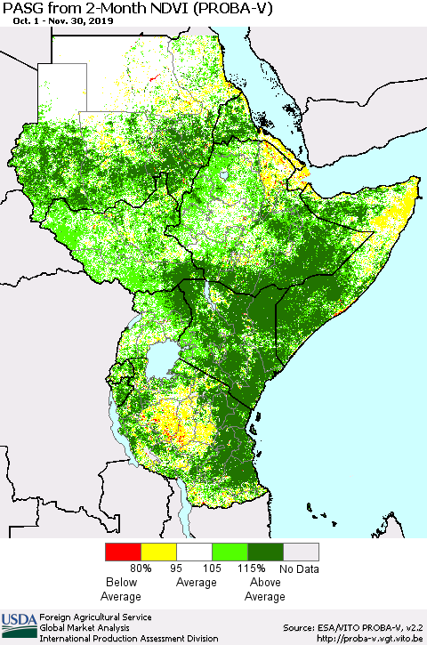 Eastern Africa PASG from 2-Month NDVI (PROBA-V) Thematic Map For 11/21/2019 - 11/30/2019