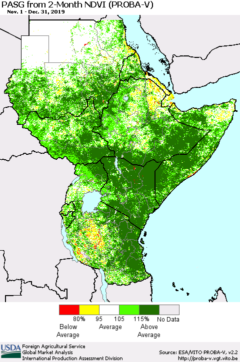 Eastern Africa PASG from 2-Month NDVI (PROBA-V) Thematic Map For 12/21/2019 - 12/31/2019