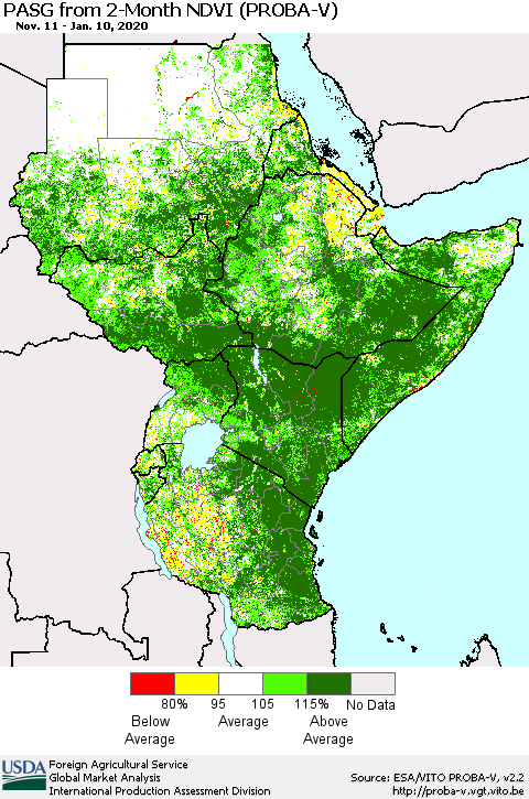 Eastern Africa PASG from 2-Month NDVI (PROBA-V) Thematic Map For 1/1/2020 - 1/10/2020