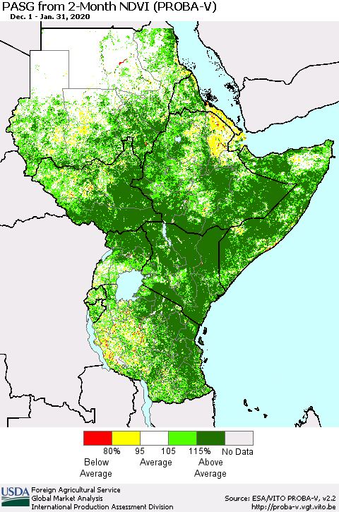 Eastern Africa PASG from 2-Month NDVI (PROBA-V) Thematic Map For 1/21/2020 - 1/31/2020