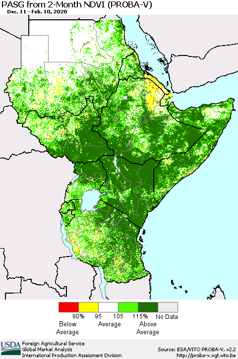 Eastern Africa PASG from 2-Month NDVI (PROBA-V) Thematic Map For 2/1/2020 - 2/10/2020