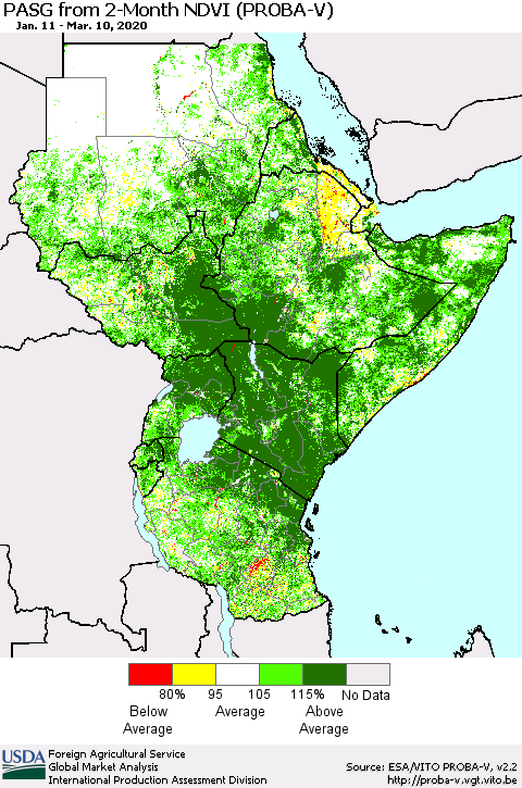 Eastern Africa PASG from 2-Month NDVI (PROBA-V) Thematic Map For 3/1/2020 - 3/10/2020